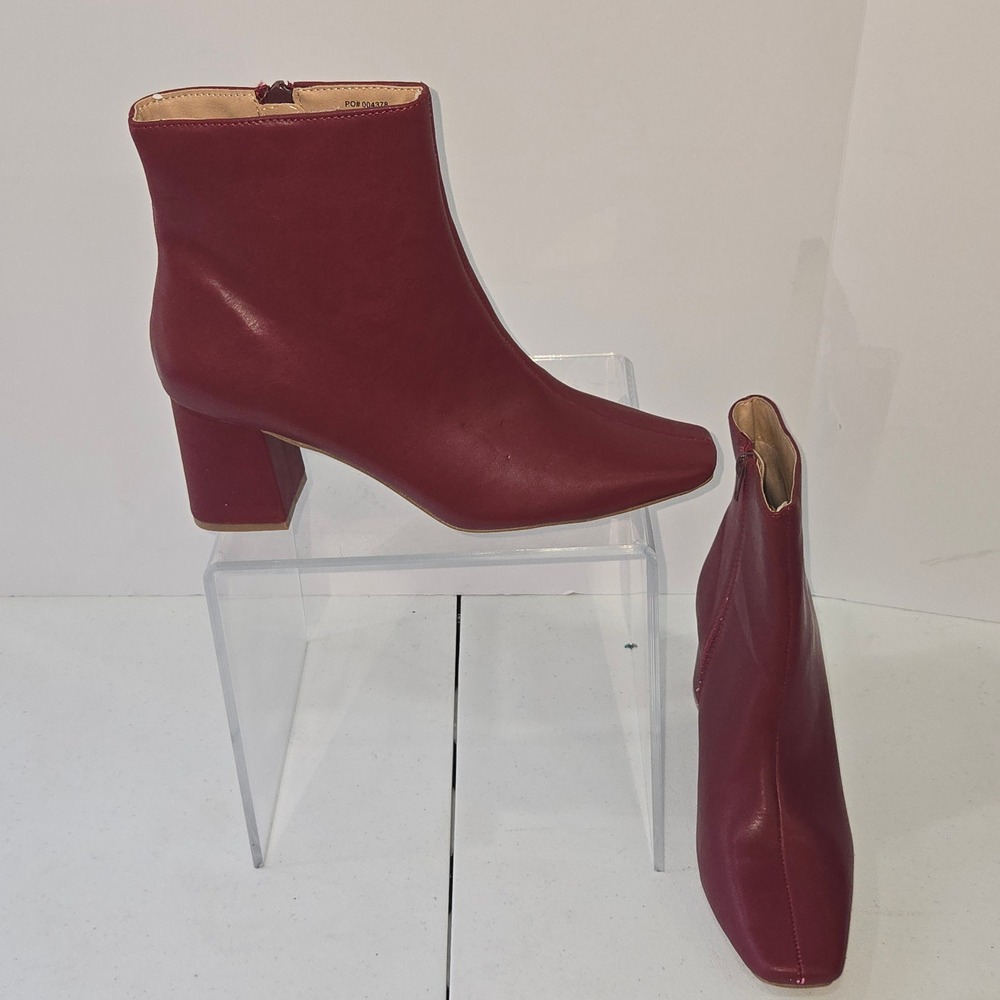 Journee Collection Burgundy Faux Leather Square Toe Block Heel Ankle Boots 8.5